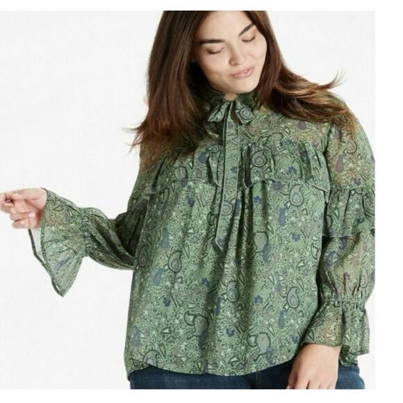 Lucky Brand Blouse 2X Green Paisley Ruffle Sleeve Boho Peasant Top Flowy - Picture 10 of 11